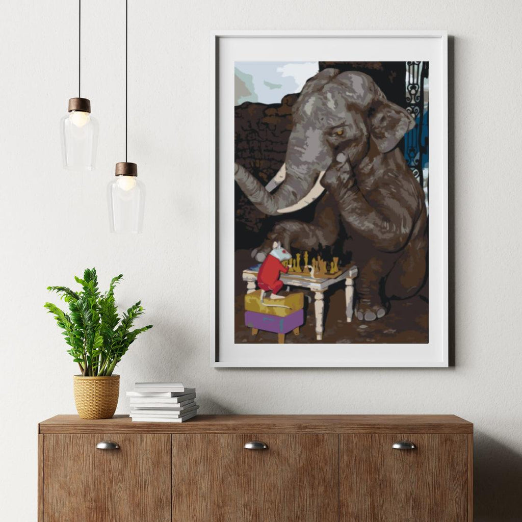 Diamantmalerei – Elefant und Maus spielen Schach – SEOS®