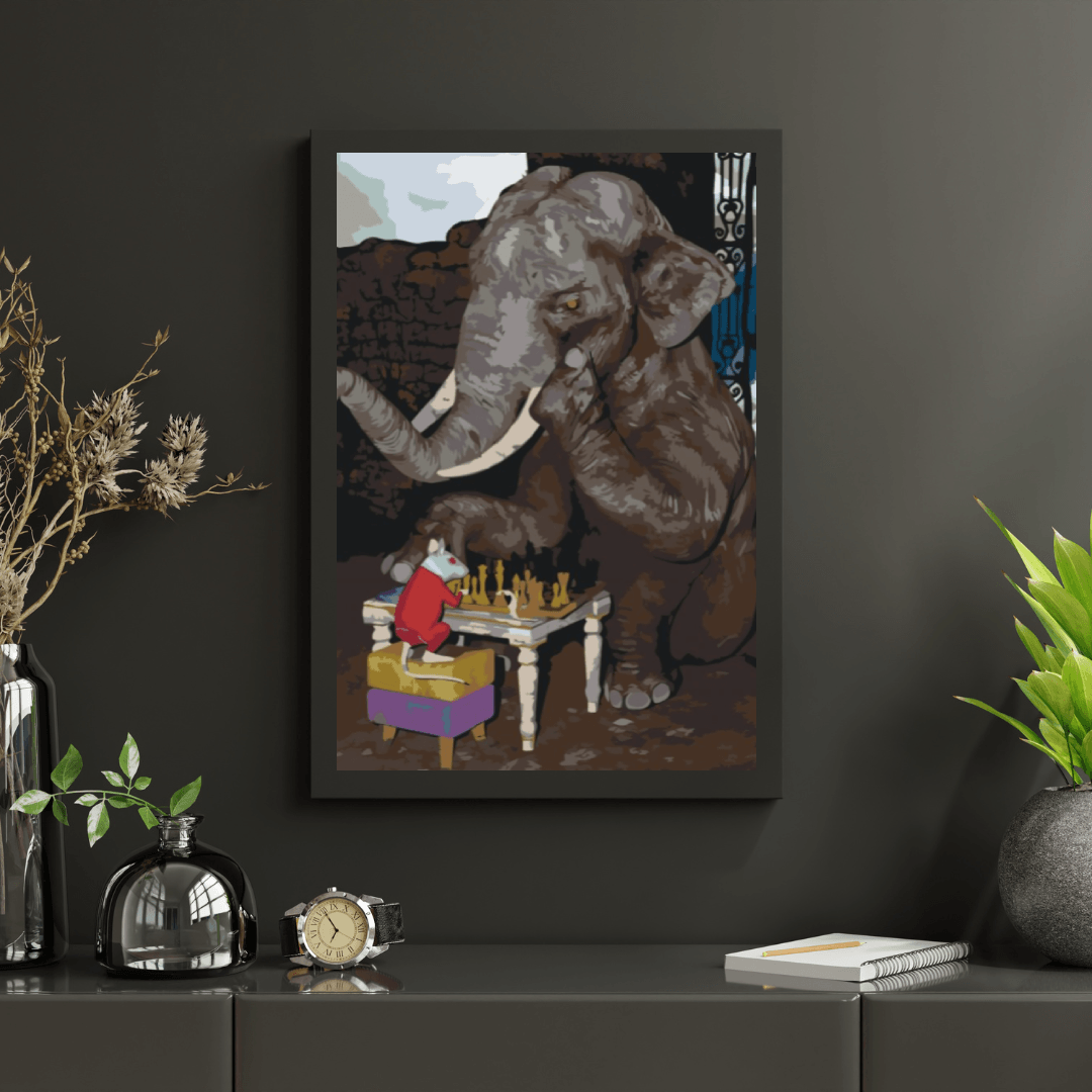 Diamantmalerei – Elefant und Maus spielen Schach – SEOS®