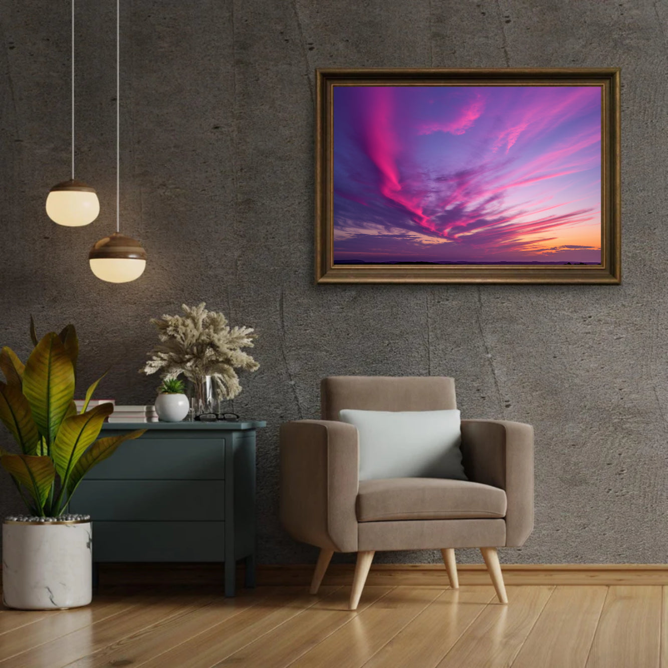 Diamantmalerei – Lila und rosa Wolken bei Sonnenuntergang