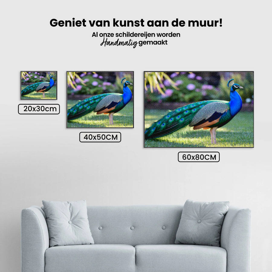 Diamantmalerei – Pfau mit fächerartigen Federn in Juwelentönen