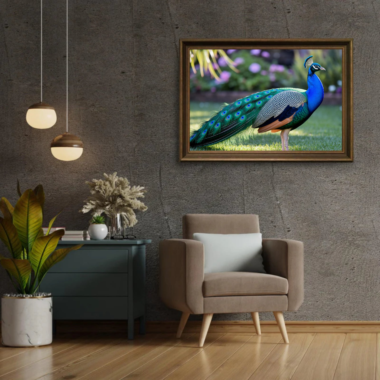 Diamantmalerei – Pfau mit fächerartigen Federn in Juwelentönen