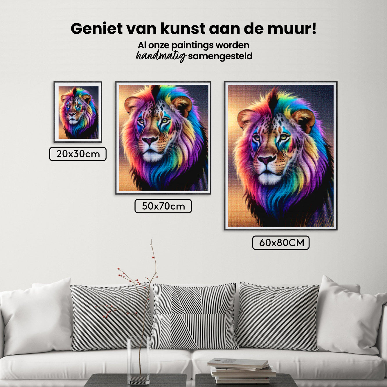Diamantmalerei – Regenbogen-Löwengesicht mit hellen, wirbelnden Farben