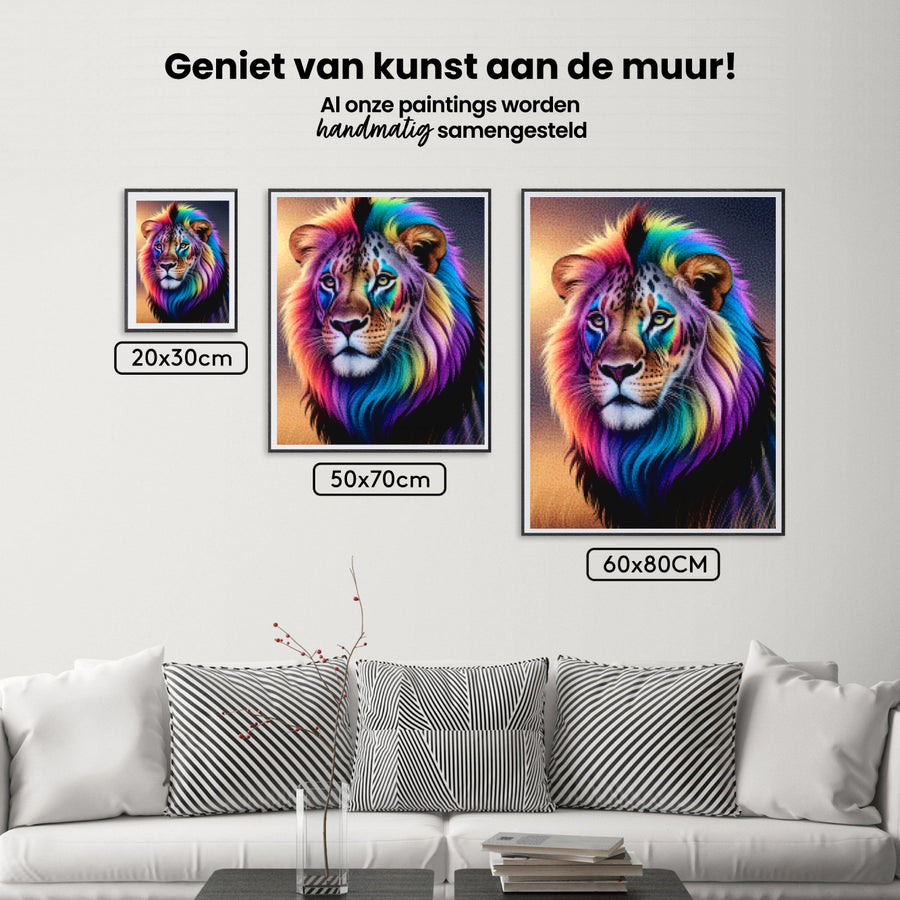 Diamantmalerei – Regenbogen-Löwengesicht mit hellen, wirbelnden Farben
