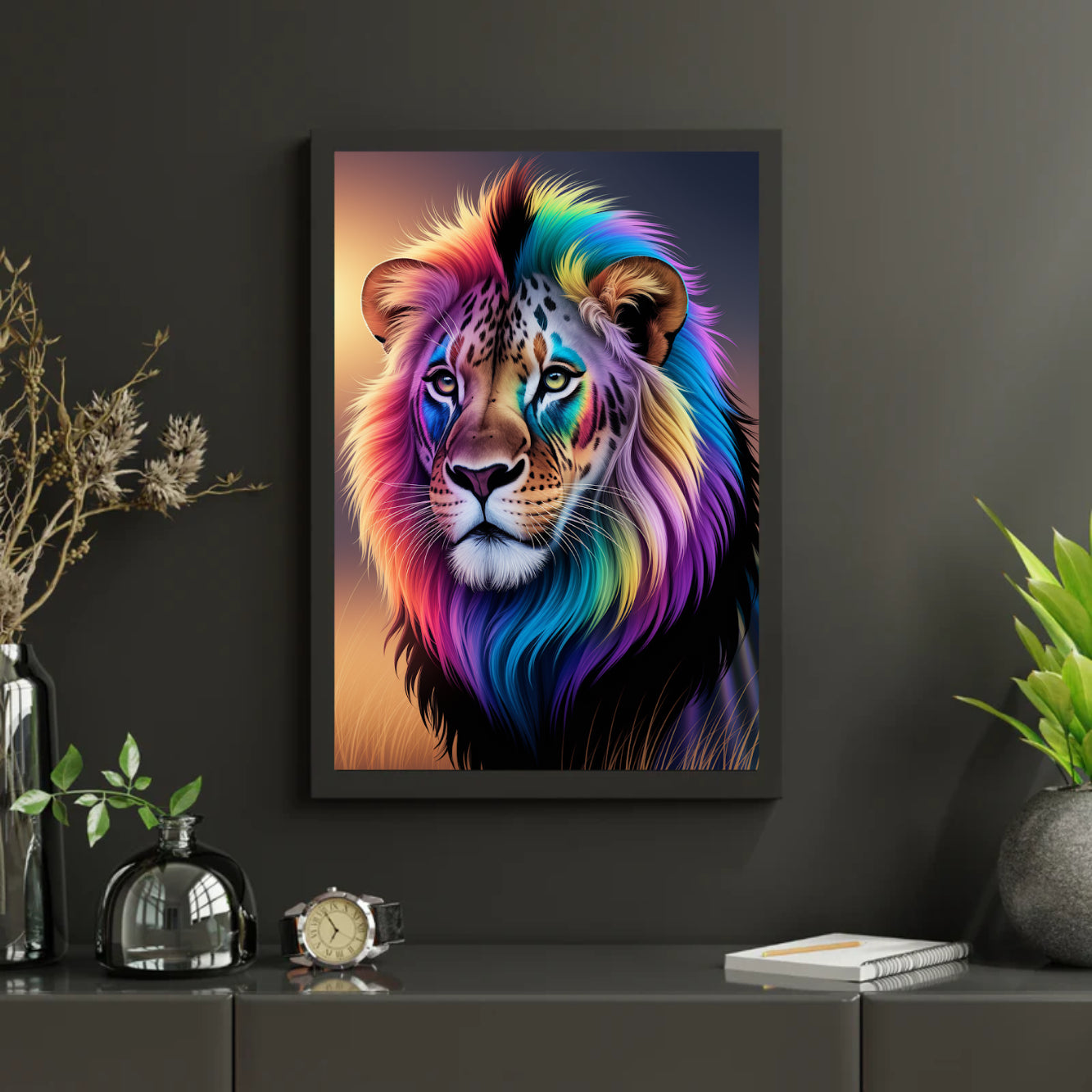 Diamantmalerei – Regenbogen-Löwengesicht mit hellen, wirbelnden Farben
