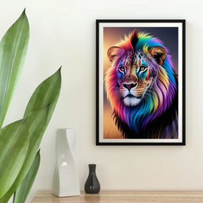 Diamantmalerei – Regenbogen-Löwengesicht mit hellen, wirbelnden Farben