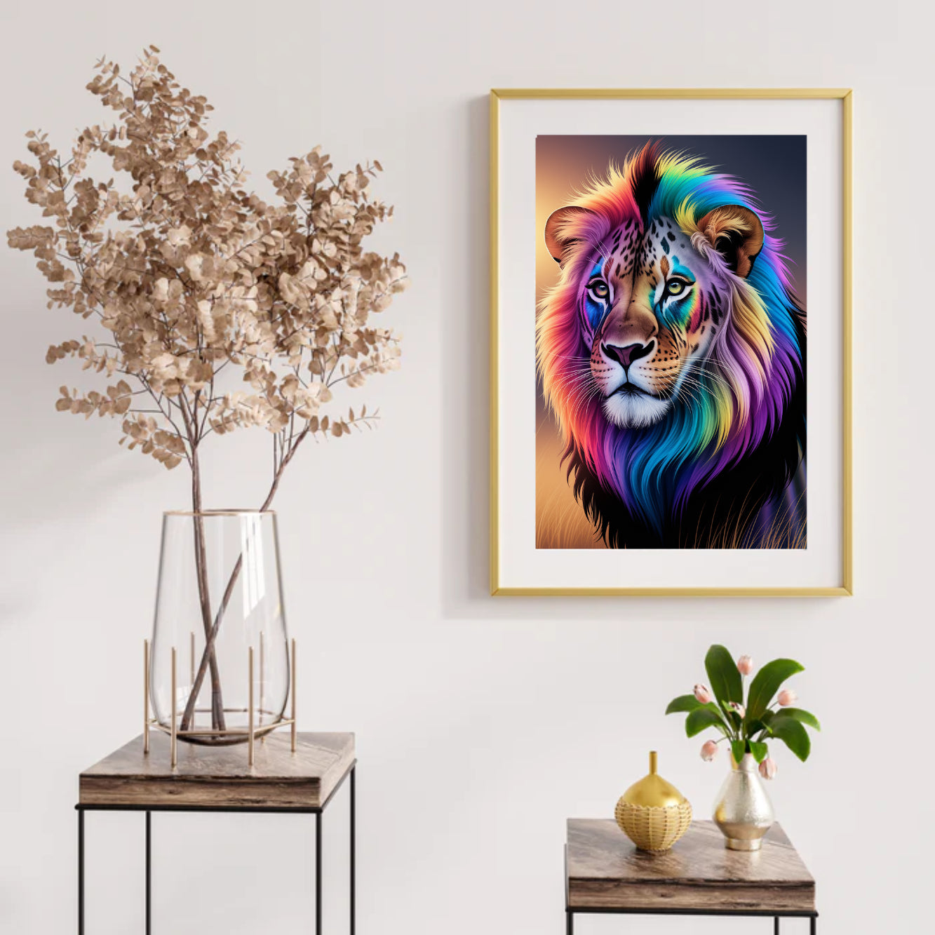 Diamantmalerei – Regenbogen-Löwengesicht mit hellen, wirbelnden Farben