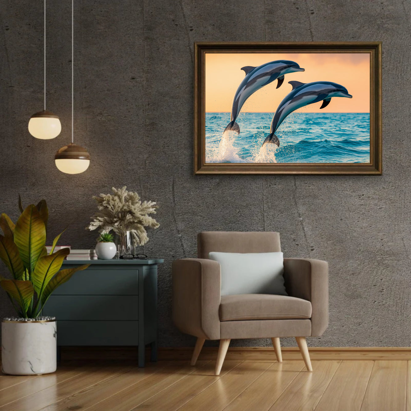 Diamantmalerei – Anmutiges Delfinduo springt aus dem Meer V1