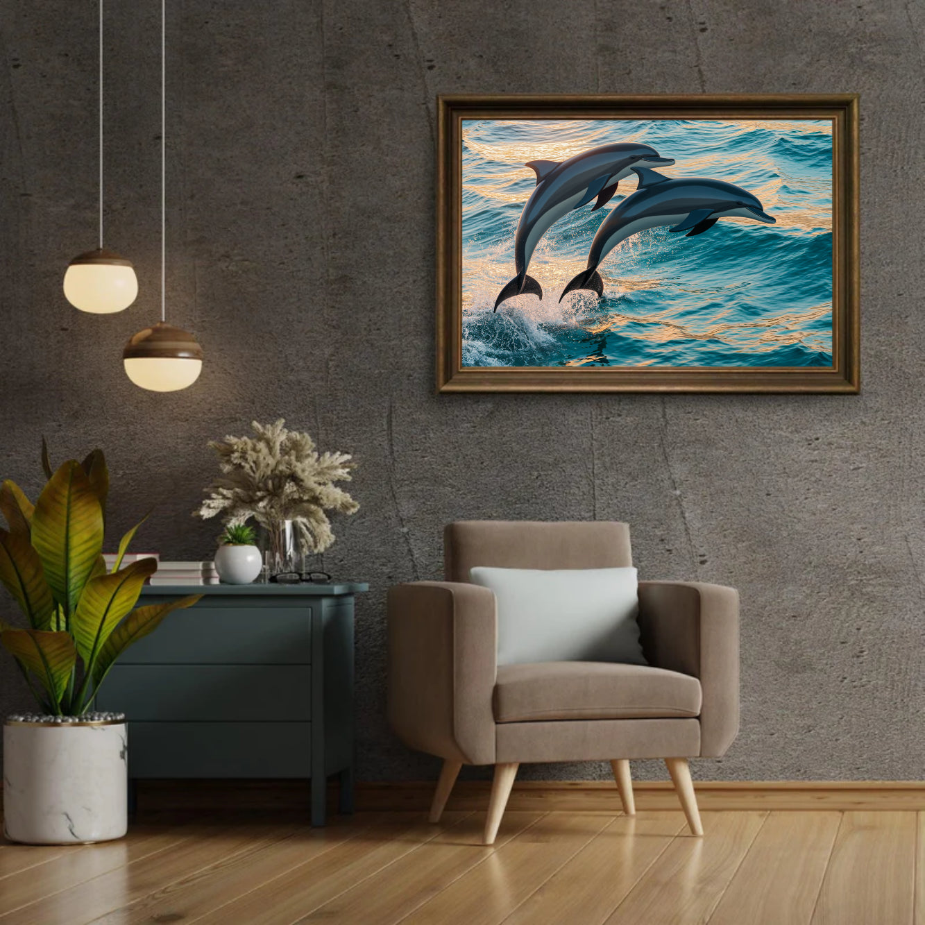 Diamantmalerei – Anmutiges Delfinduo springt aus dem Meer V2