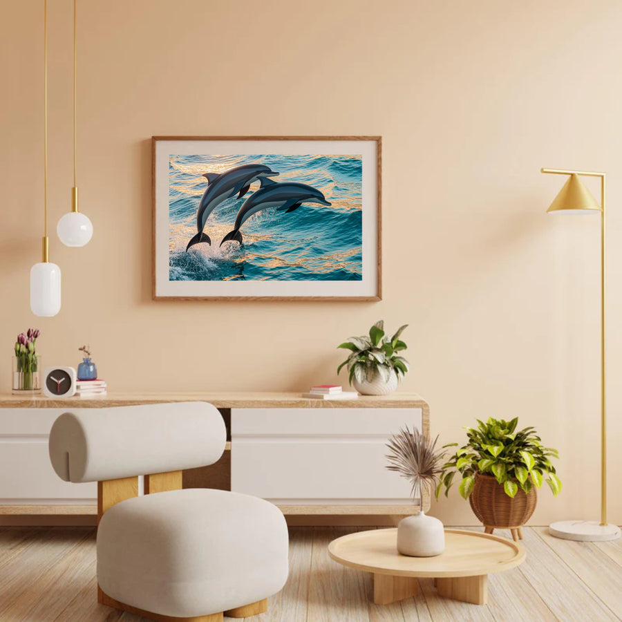 Diamantmalerei – Anmutiges Delfinduo springt aus dem Meer V2