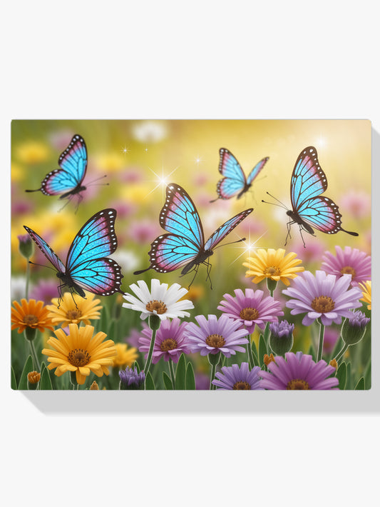 Diamantmalerei – Schmetterlinge mit Glitzerflügeln auf Blumen