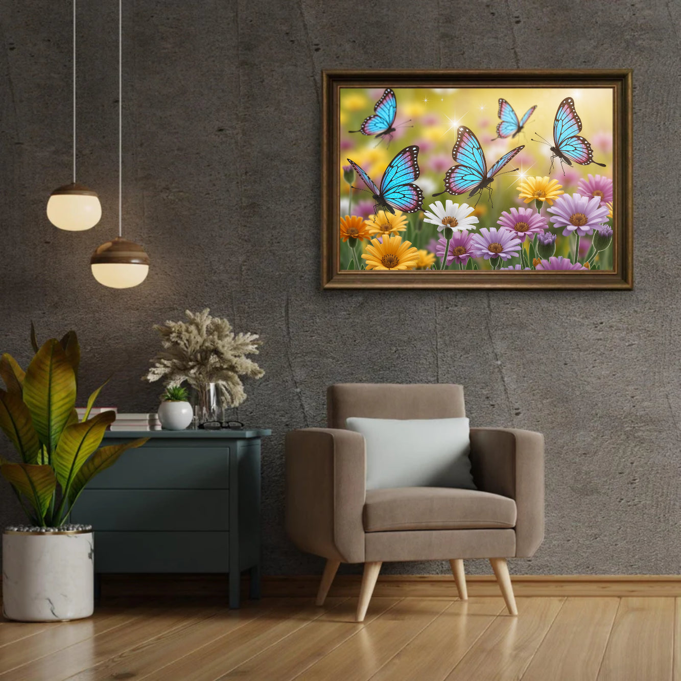 Diamantmalerei – Schmetterlinge mit Glitzerflügeln auf Blumen