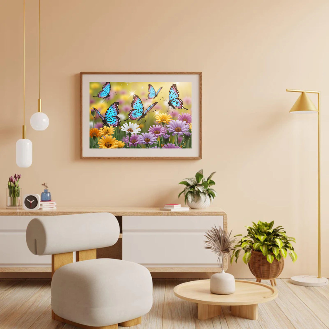 Diamantmalerei – Schmetterlinge mit Glitzerflügeln auf Blumen