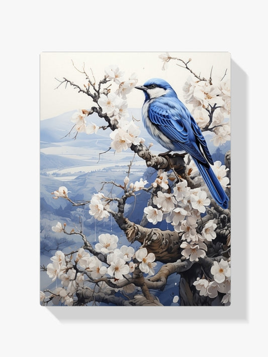 Diamantmalerei – Vogel in Delfter Blau in einer Winterlandschaft