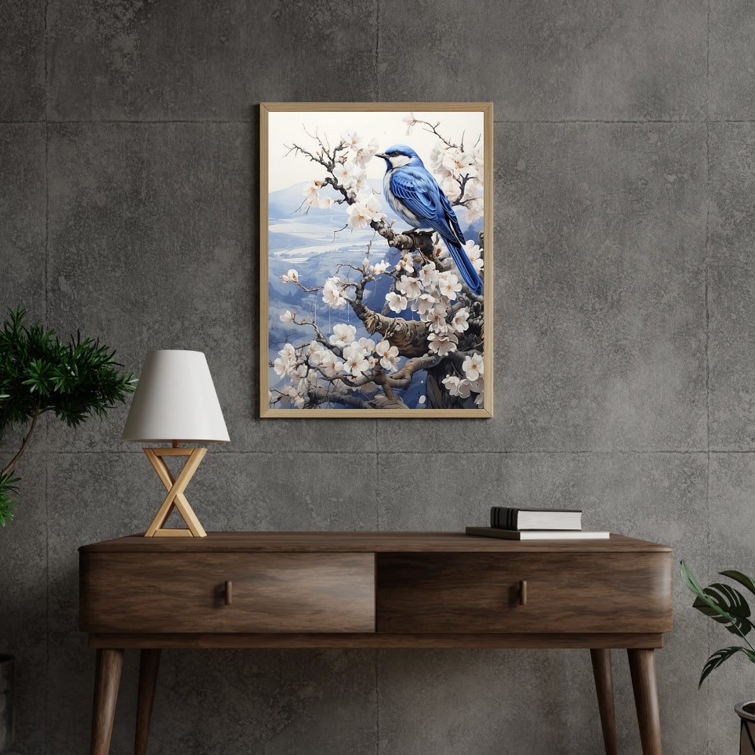 Diamantmalerei – Vogel in Delfter Blau in einer Winterlandschaft