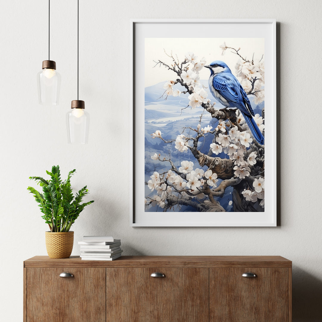 Diamantmalerei – Vogel in Delfter Blau in einer Winterlandschaft