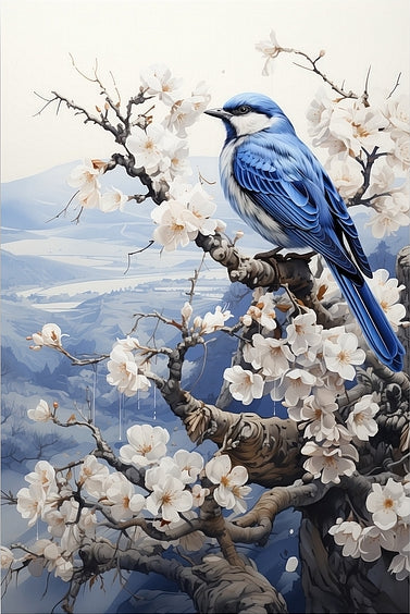 Diamantmalerei – Vogel in Delfter Blau in einer Winterlandschaft