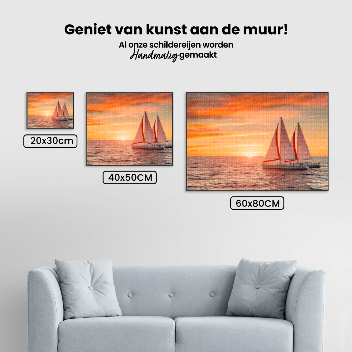 Diamantmalerei - Feuriger Sonnenuntergang über dem Meer mit Segelbooten