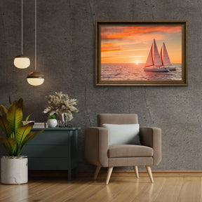 Diamantmalerei - Feuriger Sonnenuntergang über dem Meer mit Segelbooten