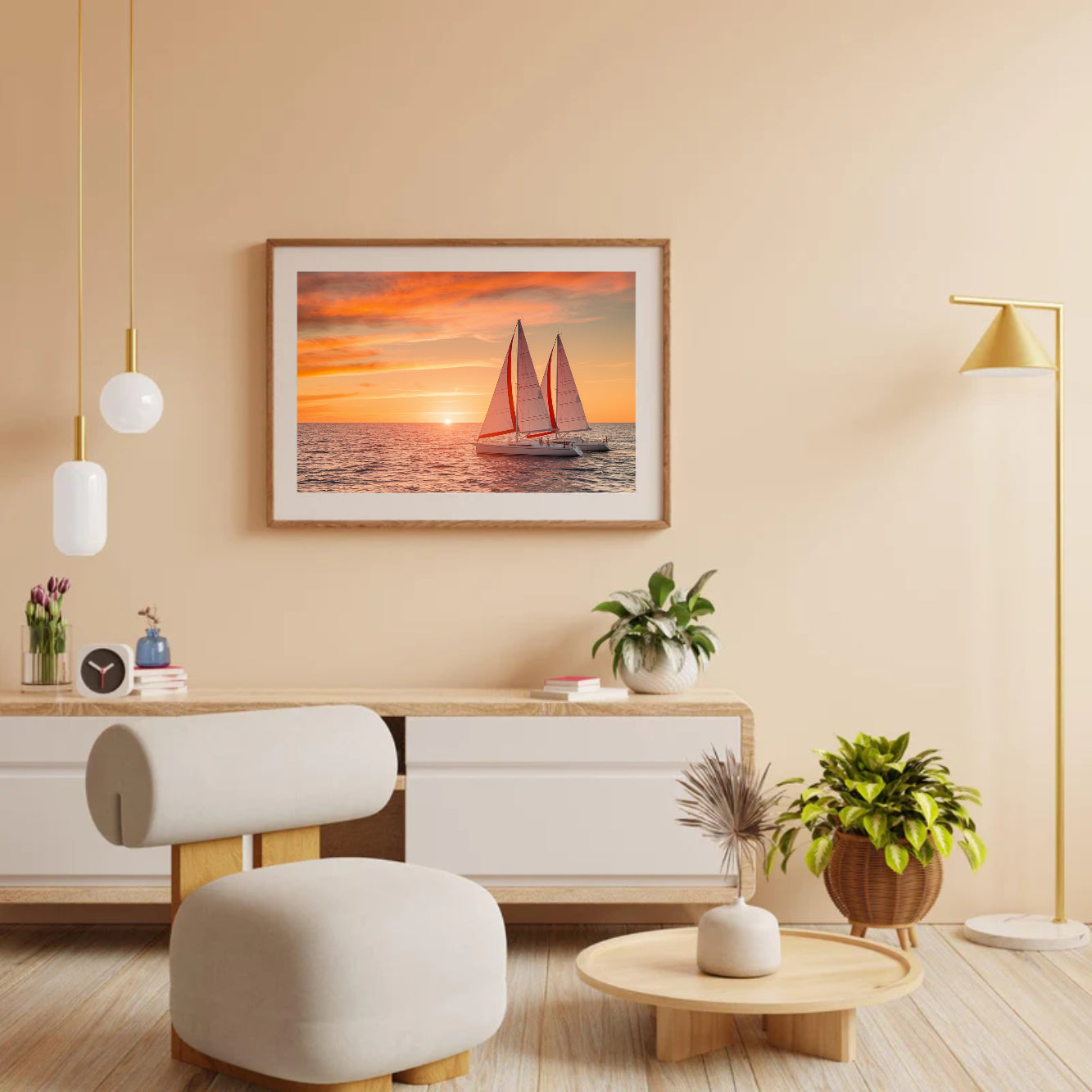 Diamantmalerei - Feuriger Sonnenuntergang über dem Meer mit Segelbooten