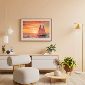 Diamantmalerei - Feuriger Sonnenuntergang über dem Meer mit Segelbooten