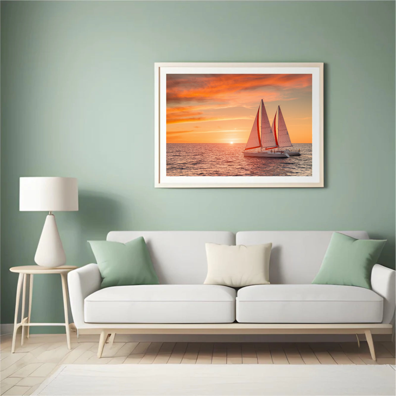 Diamantmalerei - Feuriger Sonnenuntergang über dem Meer mit Segelbooten