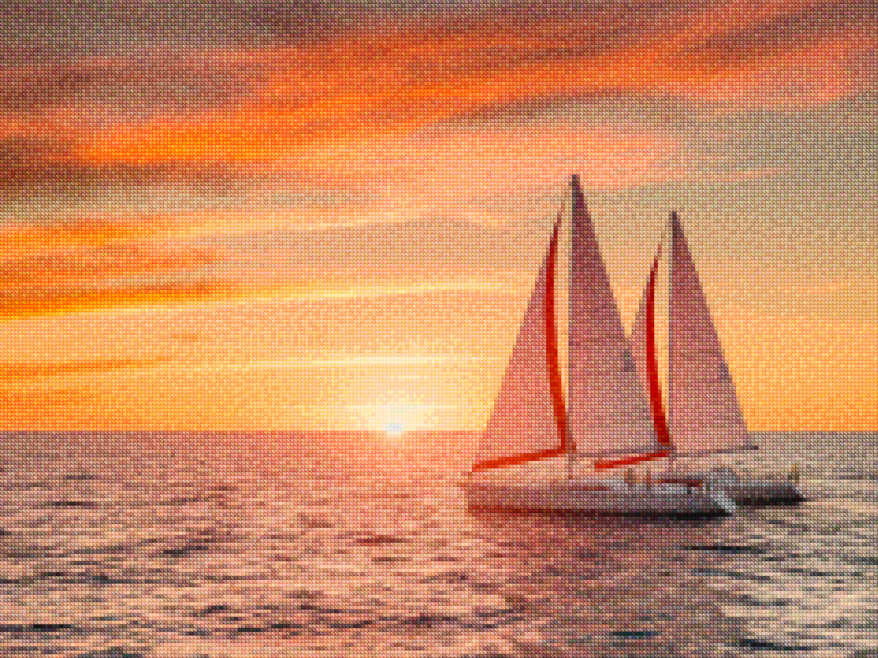 Diamantmalerei - Feuriger Sonnenuntergang über dem Meer mit Segelbooten