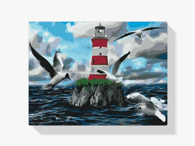 Diamantmalerei – Weißer und roter Leuchtturm und Möwen – SEOS Shop ®
