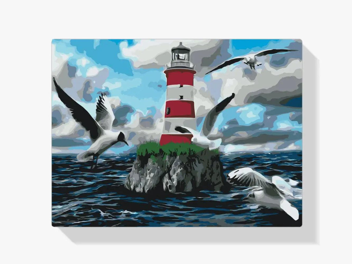 Diamantmalerei – Weißer und roter Leuchtturm und Möwen – SEOS Shop ®