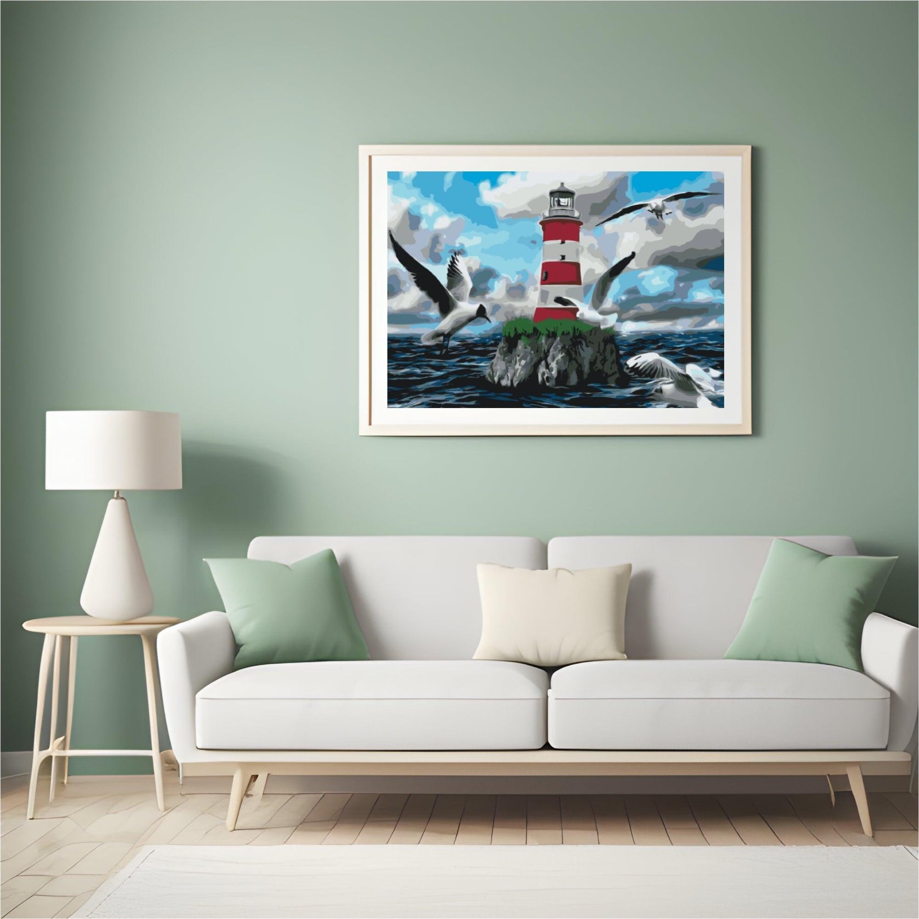 Diamantmalerei – Weißer und roter Leuchtturm und Möwen – SEOS Shop ®