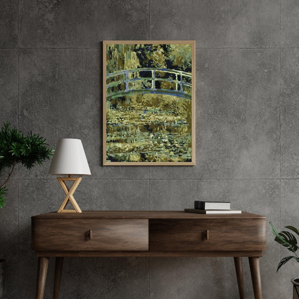 Diamond Painting Brücke über einen Teich mit Seerosen - SEOS Shop ®