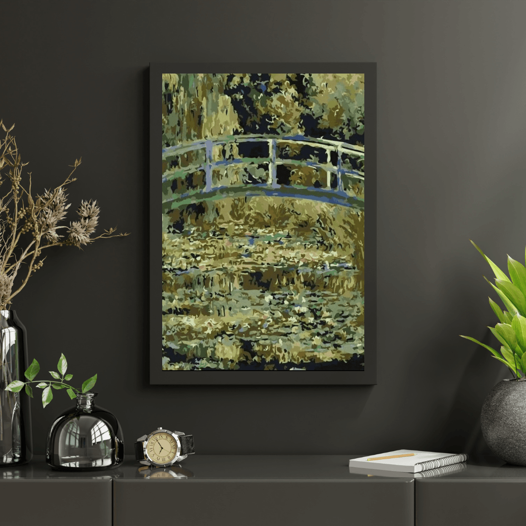Diamond Painting Brücke über einen Teich mit Seerosen - SEOS Shop ®