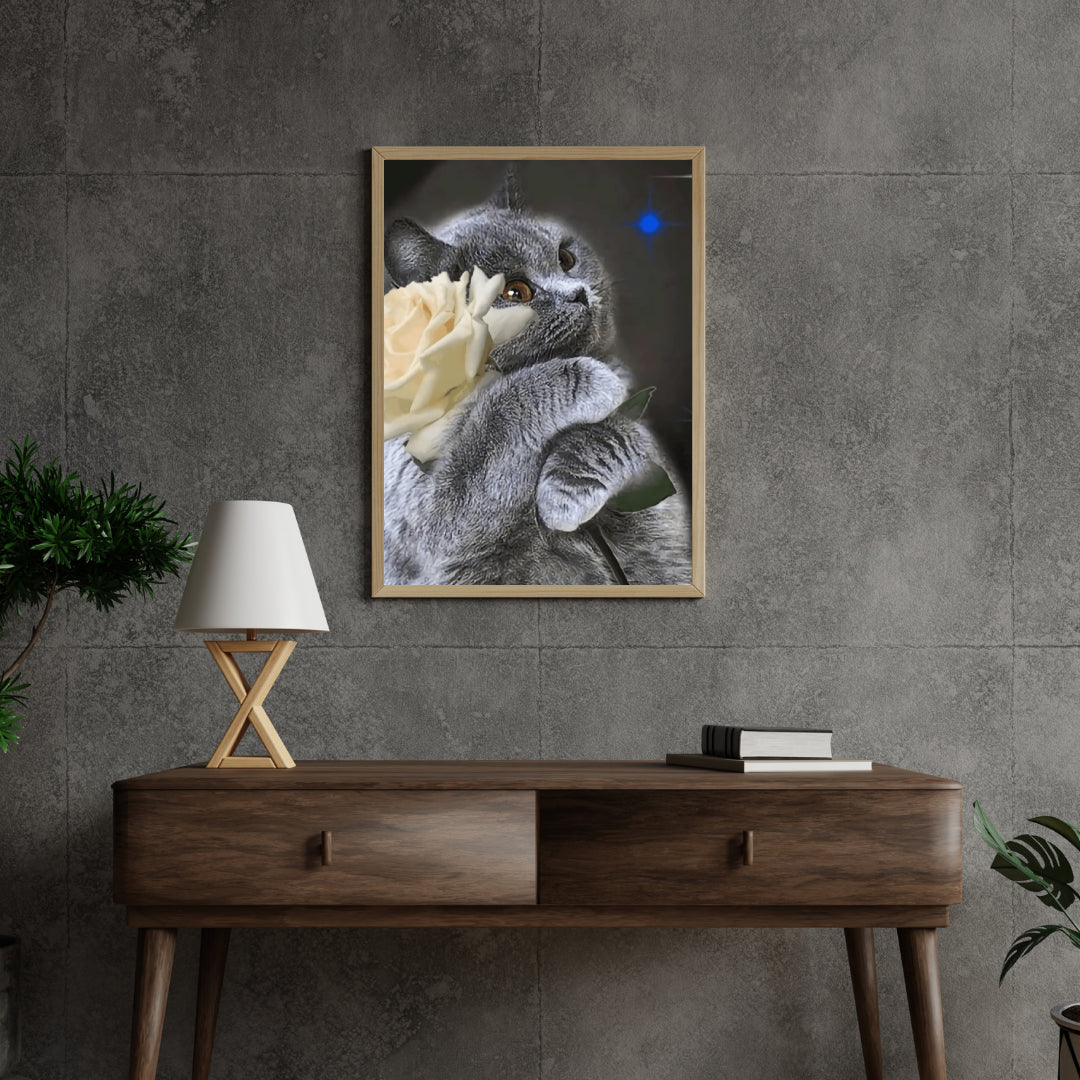 Diamond Painting Katze mit weißer Rose - SEOS Shop ®