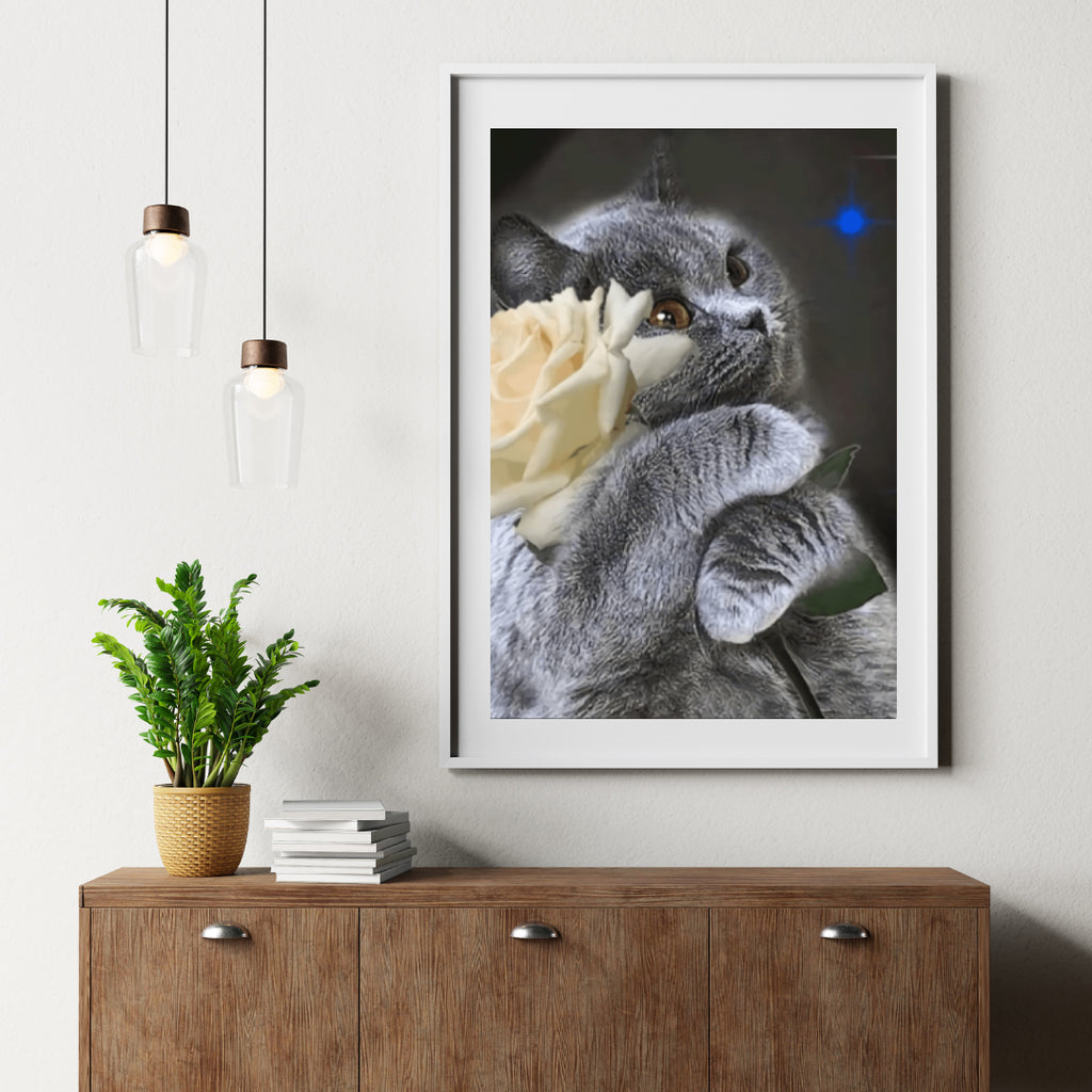 Diamond Painting Katze mit weißer Rose - SEOS Shop ®