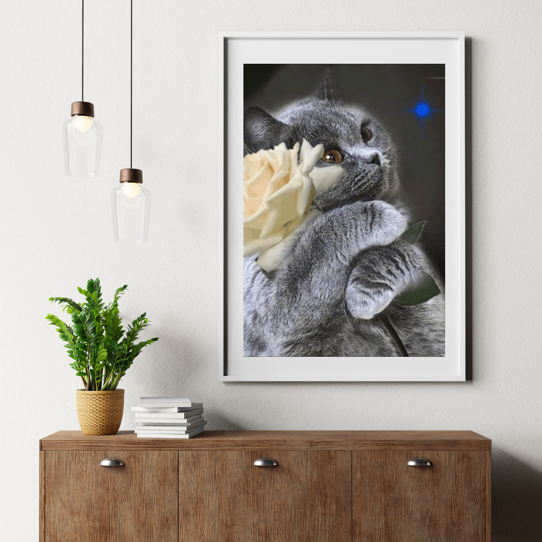 Diamond Painting Katze mit weißer Rose - SEOS Shop ®