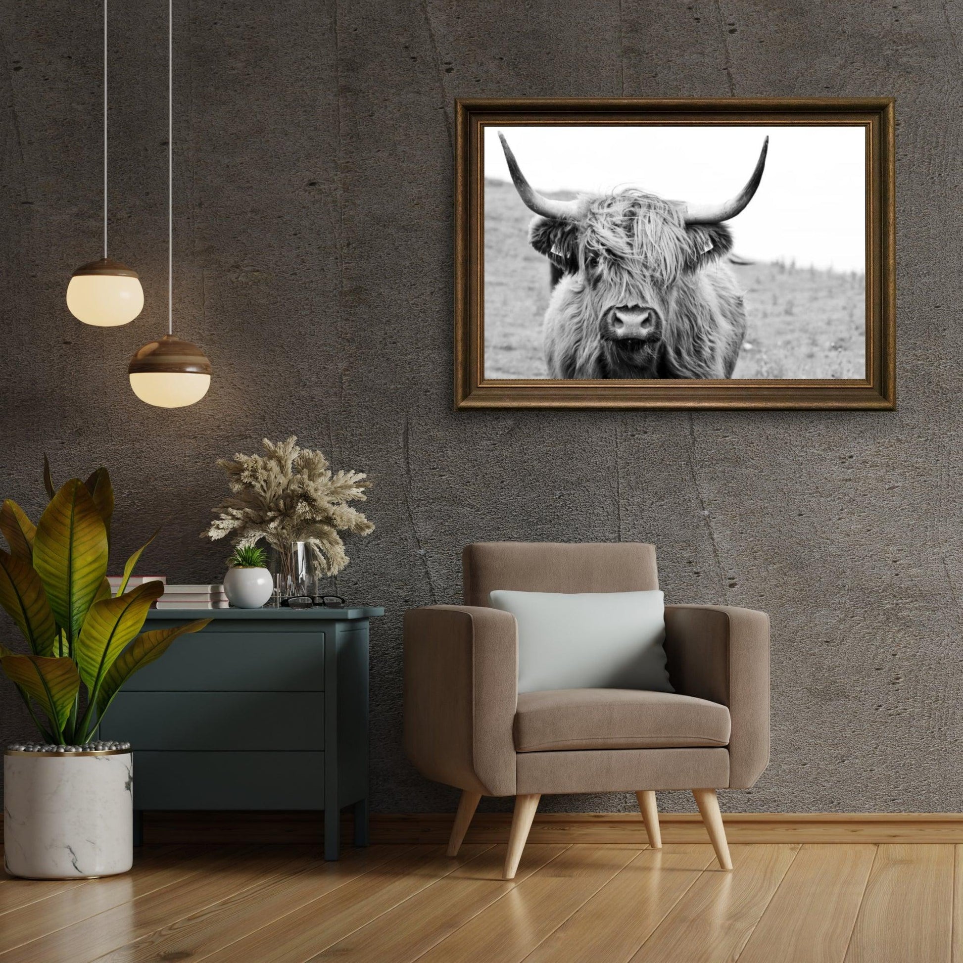 Diamond Painting Scottish Highlander - Porträt eines schottischen Hochlandrinds in Schwarzweiß - SEOS Shop ®