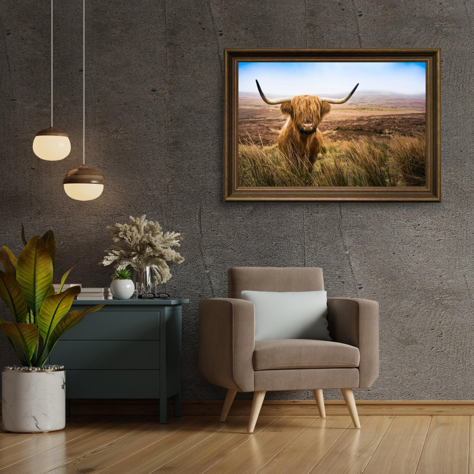 Diamond Painting Scottish Highlander - Scottish Highlander auf dem Feld schaut in die Kamera - SEOS Shop ®