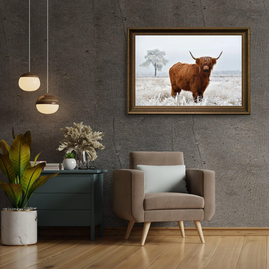 Diamond Painting Scottish Highlander - Wolliger Scottish Highlander auf der Winterwiese - SEOS Shop ®