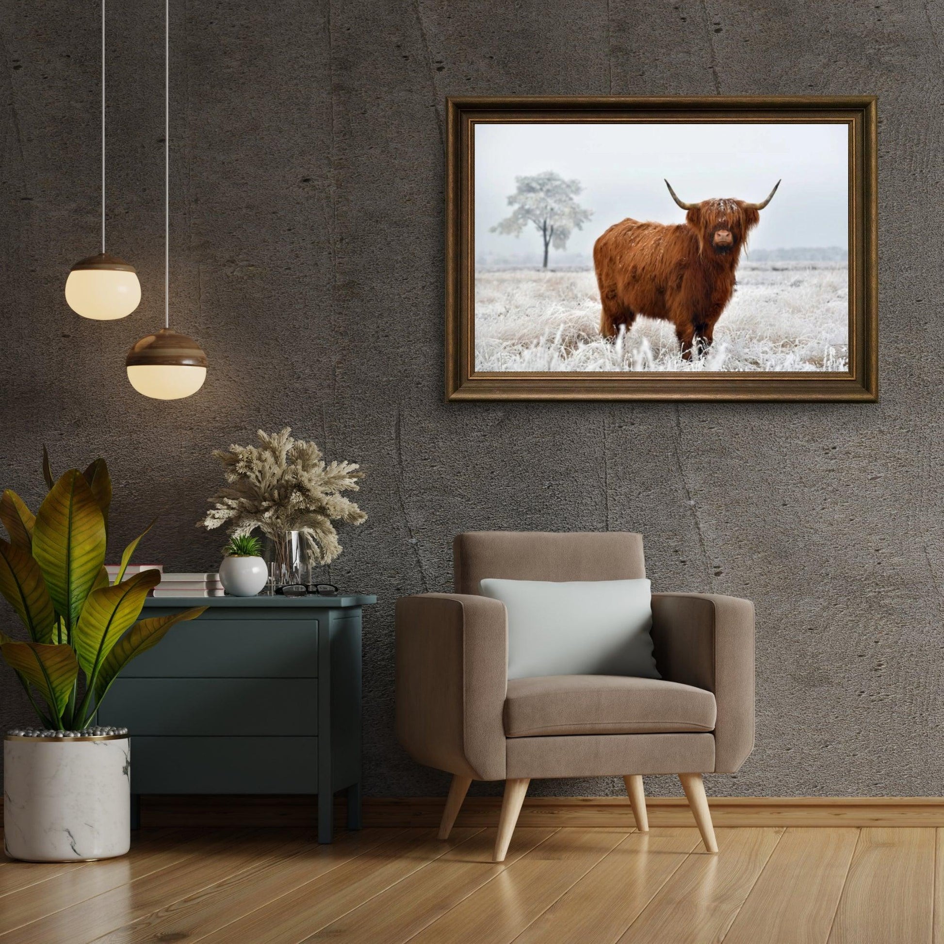 Diamond Painting Scottish Highlander - Wolliger Scottish Highlander auf der Winterwiese - SEOS Shop ®