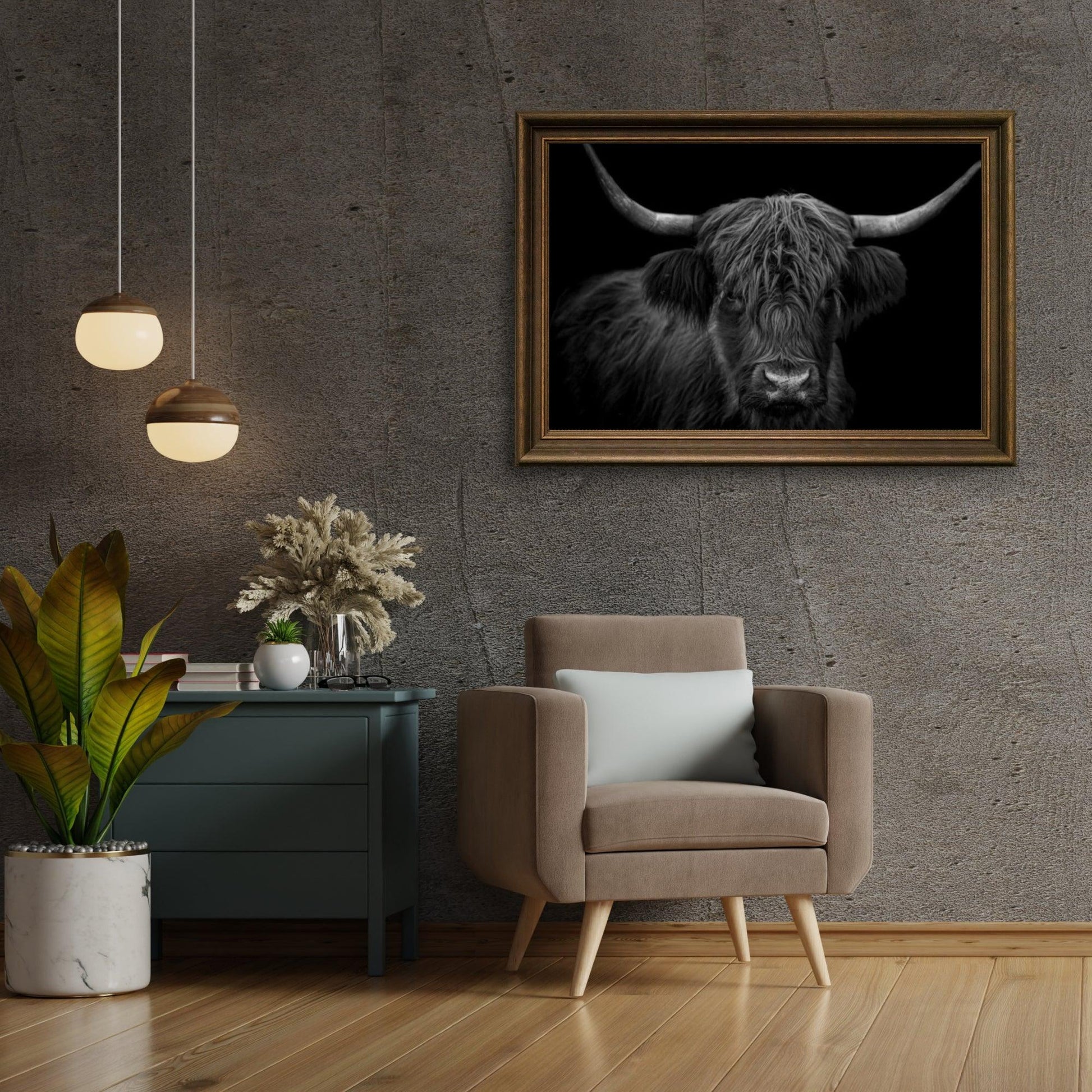 Diamond Painting Scottish Highlander - Schwarz-Weiß-Porträt eines haarigen Scottish Highlander - SEOS Shop ®