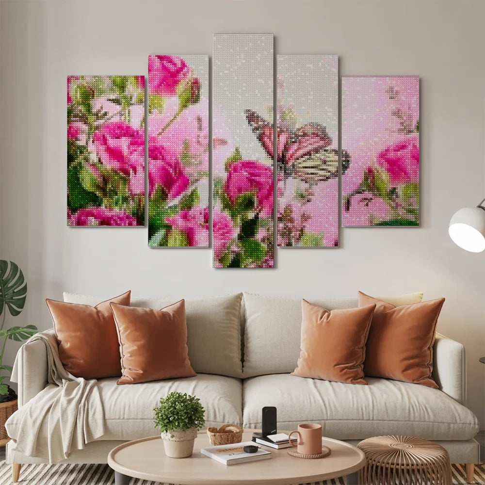 Diamantmalerei Schmetterling mit rosa Blumen 5-teilig - SEOS Shop ®