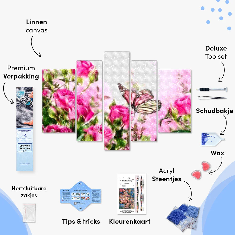 Diamantmalerei Schmetterling mit rosa Blumen 5-teilig - SEOS Shop ®