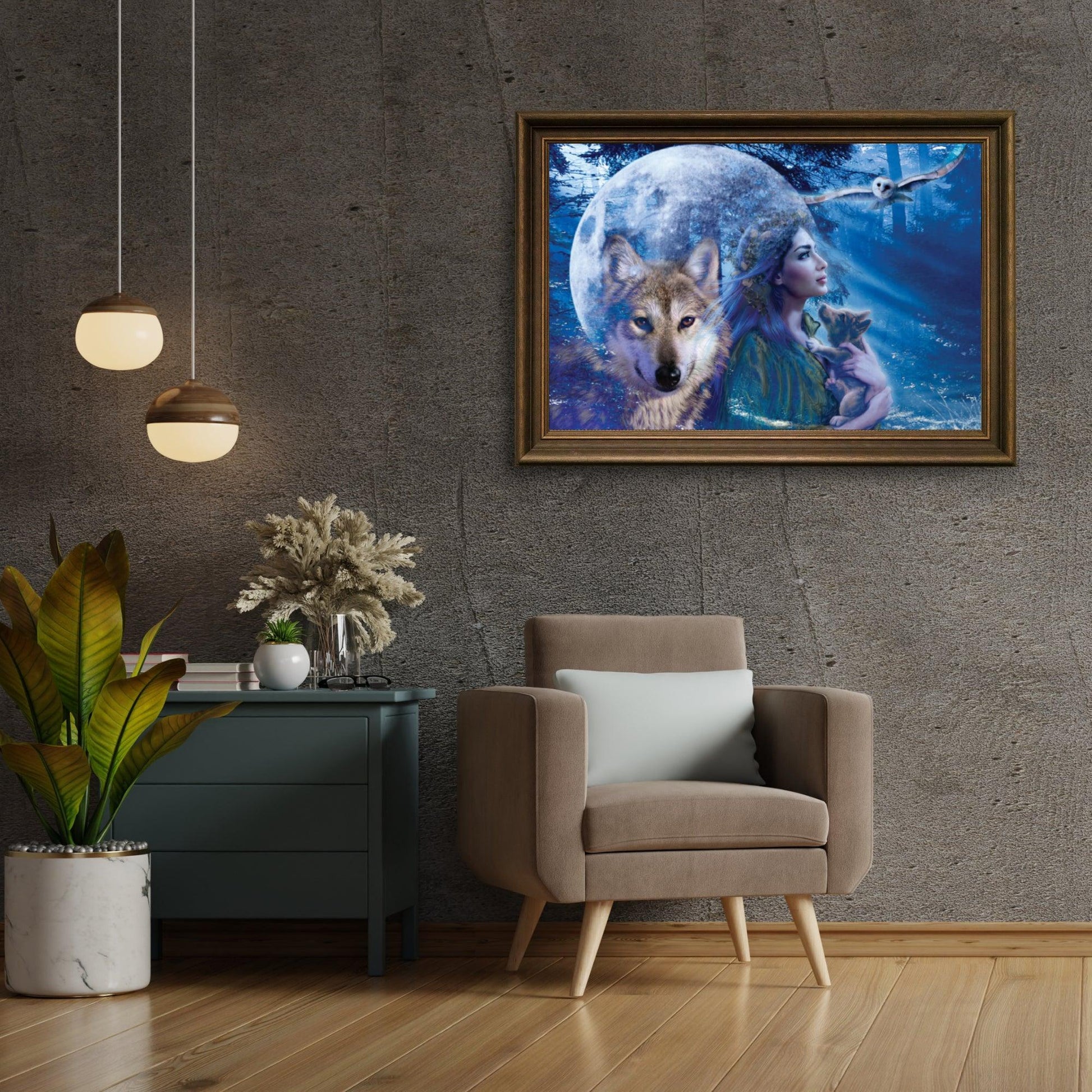 Diamond Painting Frau mit Wolf und Eule - SEOS Shop®
