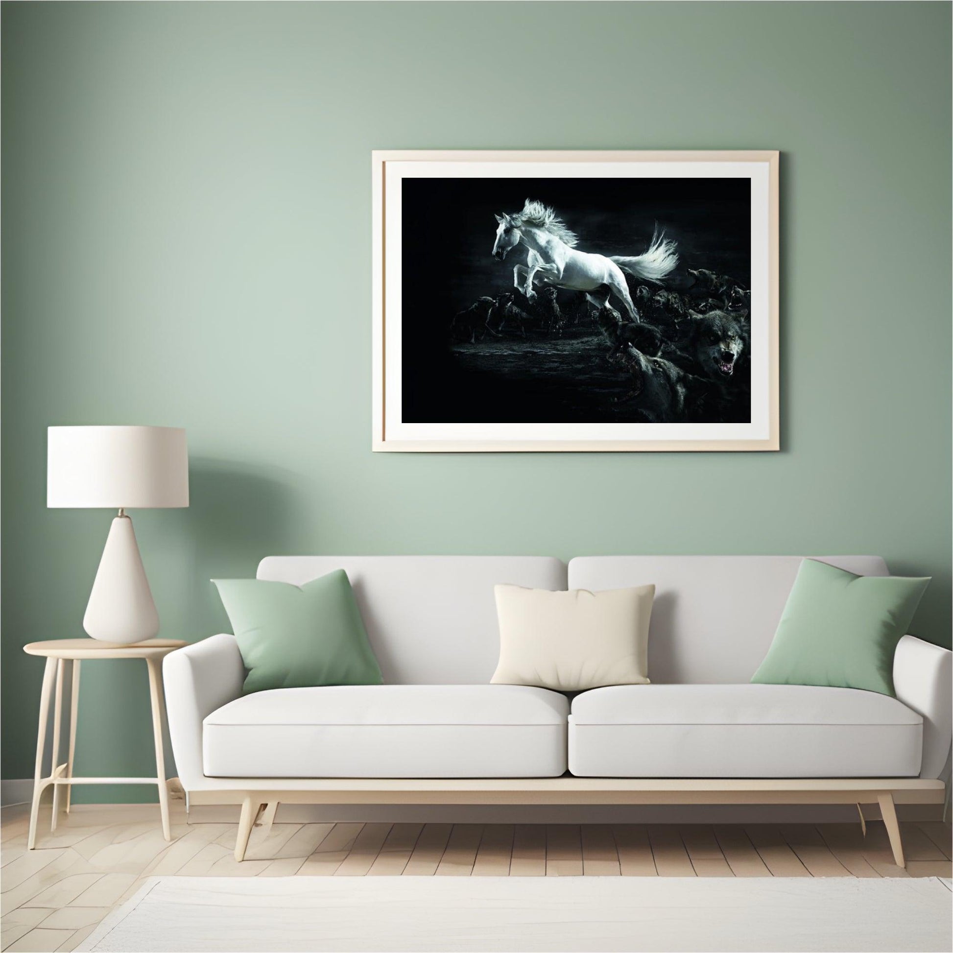 Diamantmalerei Weißes Pferd und Wölfe - SEOS Shop ®