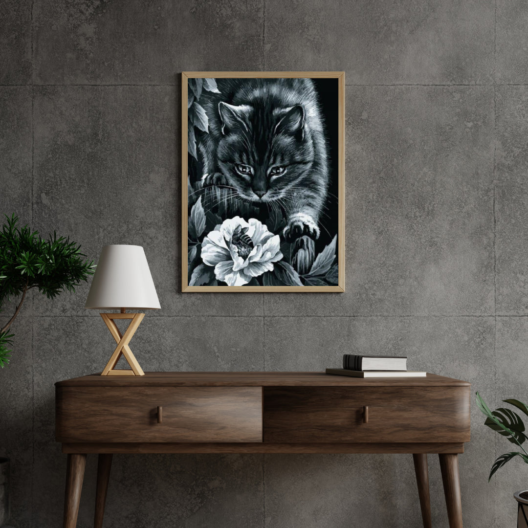 Diamantmalerei Schwarze Katze mit Blume und Biene - SEOS Shop ®