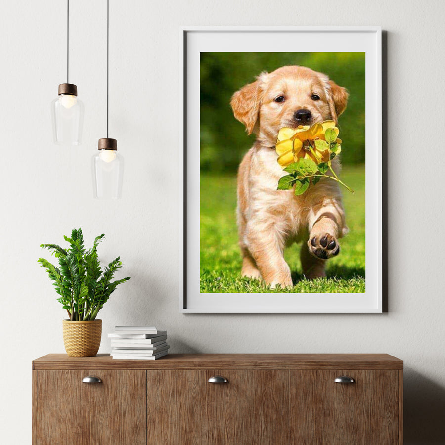 Diamond painting Labradorwelpe mit einer Blume - Vollständig - SEOS Shop®