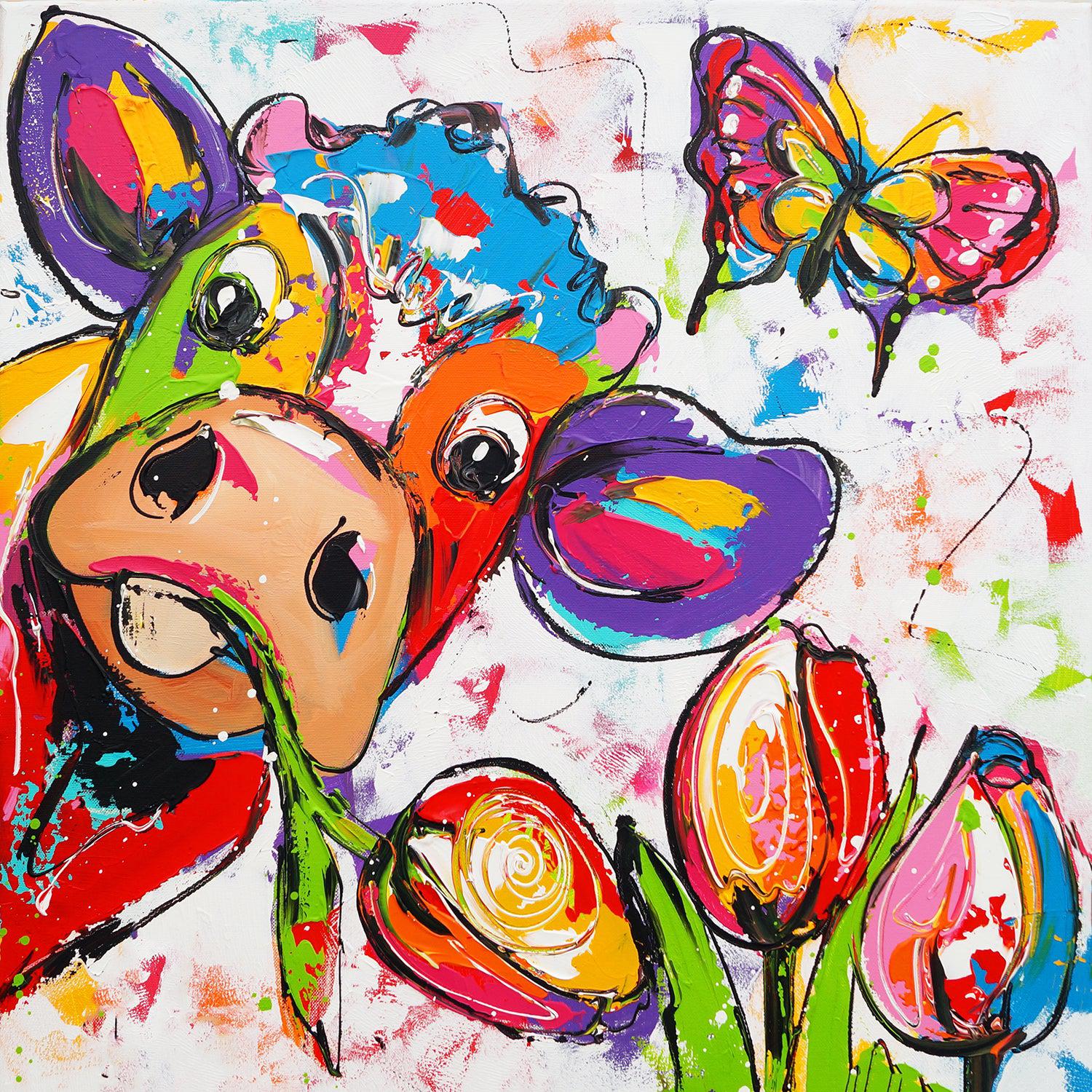 Diamond Painting Koe met Bloemen en Vlinder – volledig ontwerp