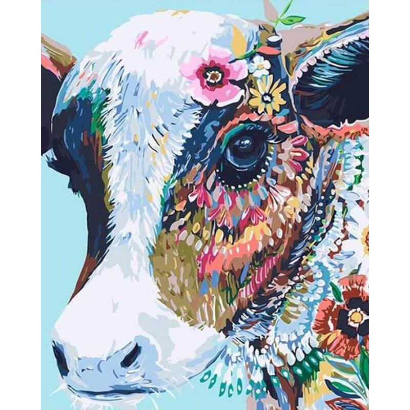 Diamond Painting Koe met bloemen – volledig ontwerp