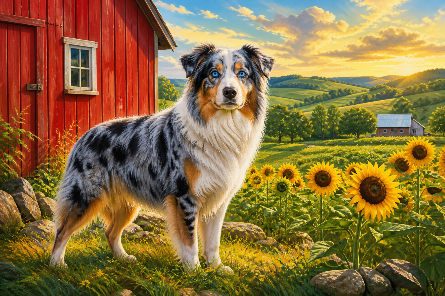 Diamond painting ontwerp met australische herder bij de rode schuur