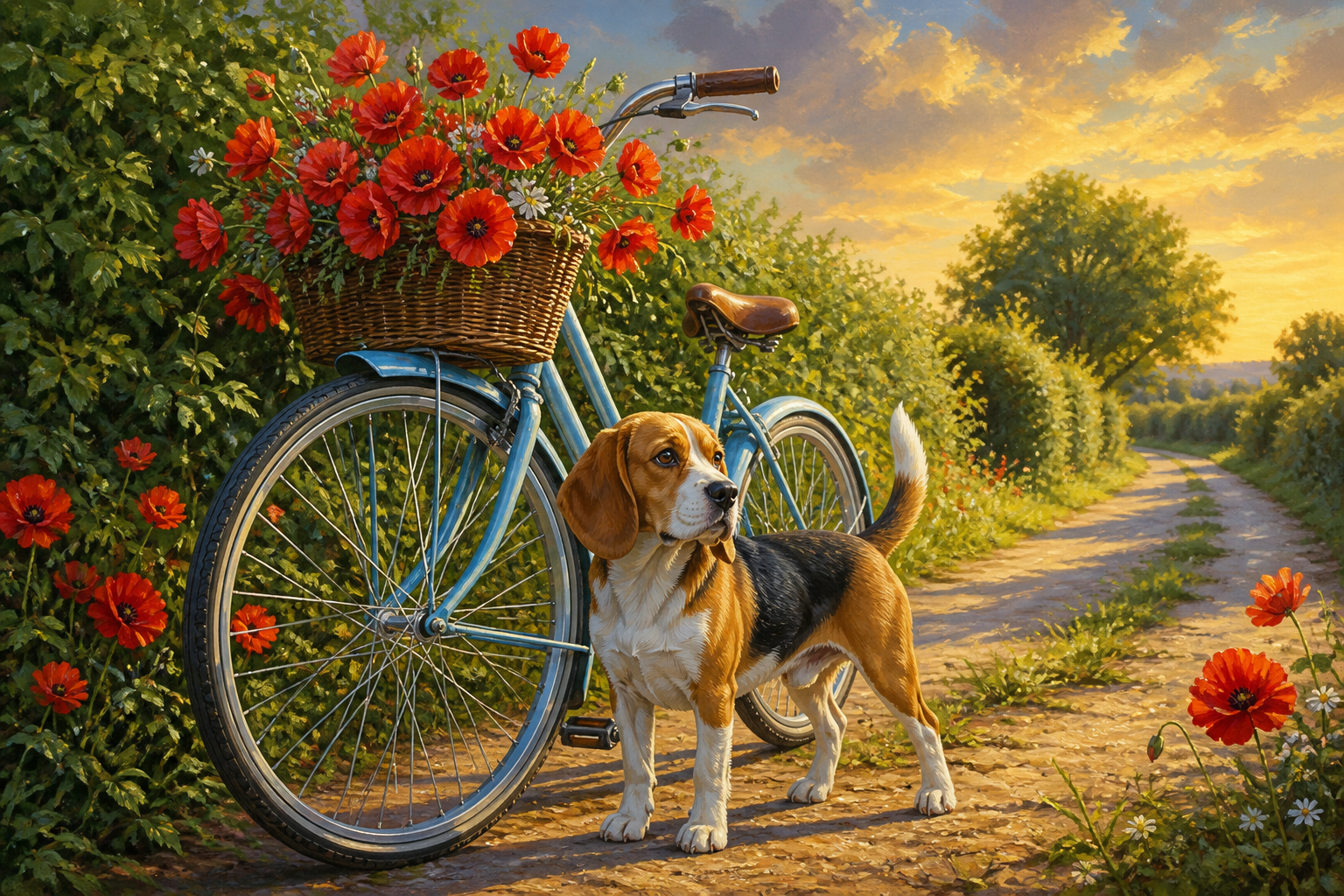 Diamond painting ontwerp met beagle bij een blauwe fiets