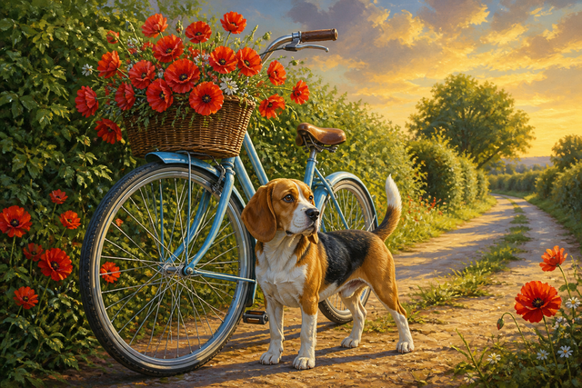 Diamond painting ontwerp met beagle bij een blauwe fiets